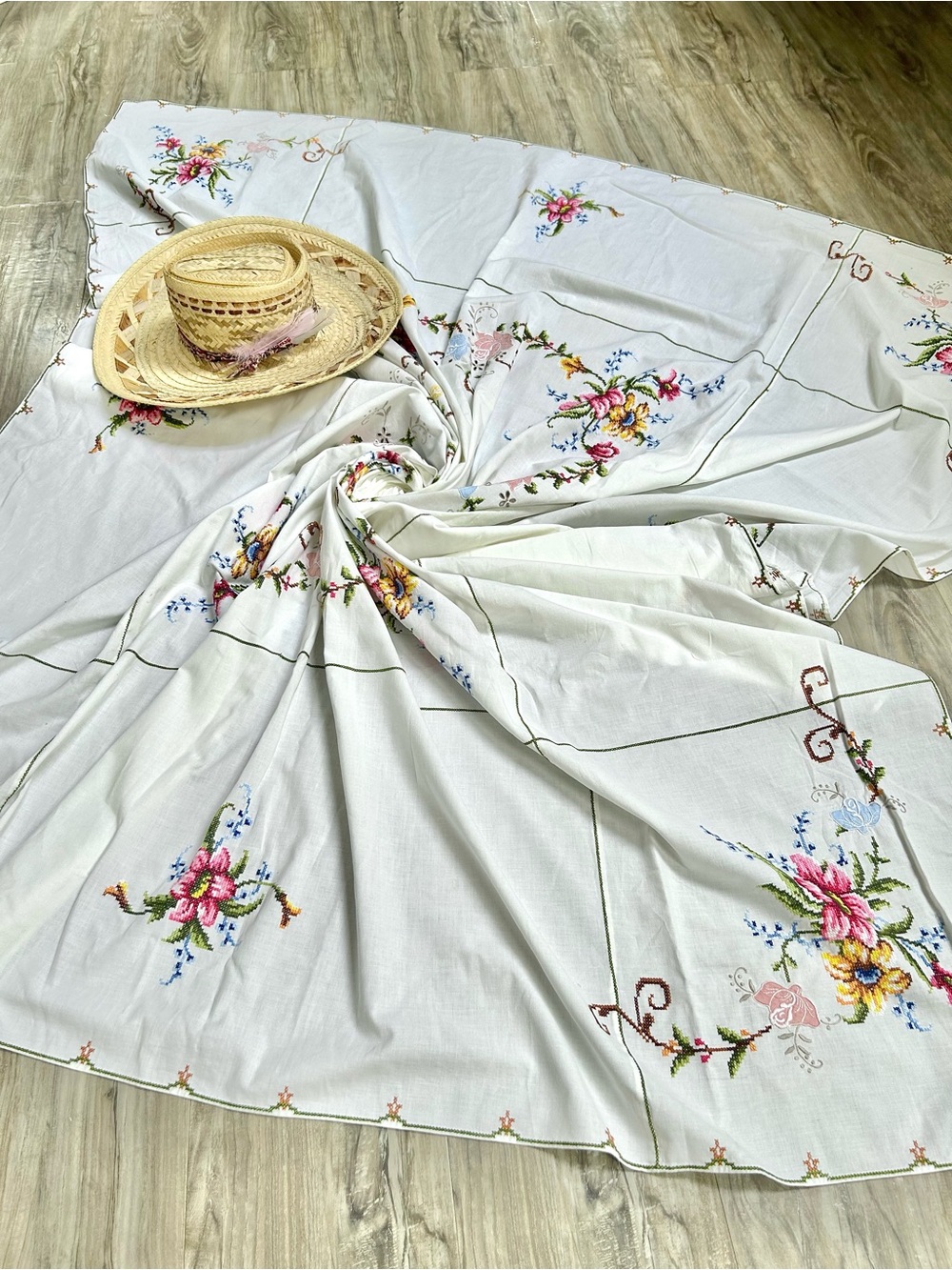 Artisan Embroidered table cloth w prairie Country farmhouse cottagecore vibe
